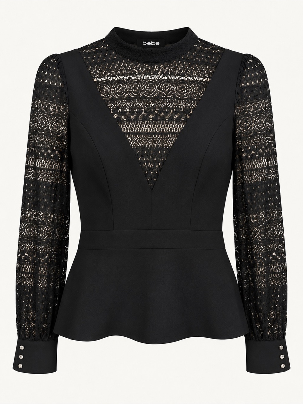 Bebe Size S Black Lace Sheer Long Sleeve Peplum Blouse Rhinestone Cuffs